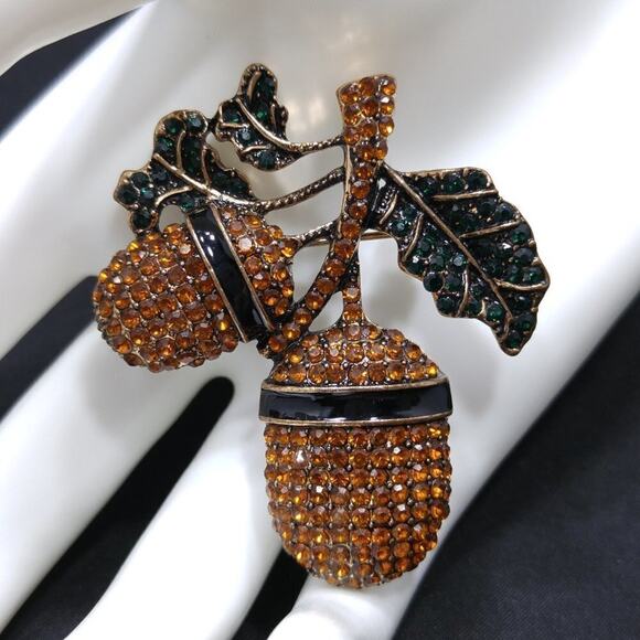 Vintage Acorn Rhinestone & Enamel Brooch, Black Green Rhinestones, 1990s, 2 In. - Picture 2 of 6